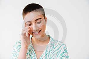 Young european woman wearing shirt laughing at camera