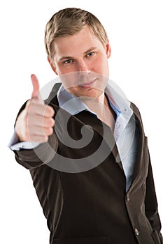 Young executive giving you a thumbs up isolated