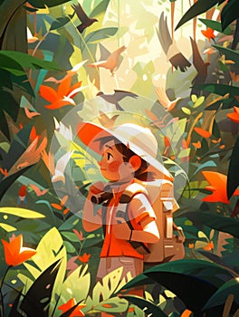 Young Explorer Amidst a Flock of Birds in the Jungle. Generative ai