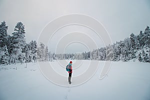Young explorer in a colorful jacket stands in a frosty white environment in Sotkamo, Finland. Active lifestyle. Walking in wild