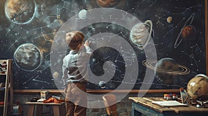 Young explorer observes solar system, child in classroom with planets imagery, educational theme. dreaming about space