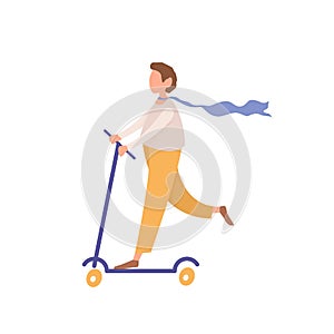 Young faceless man riding kick scooter, cartoon style teenager character pushes off scooter, flat vector illustration photo
