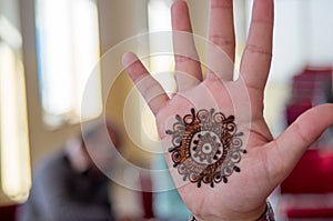 Young fair indian girl with small mehendi design on her hand