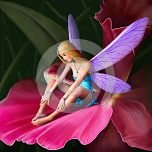 Young Fairy Sitting on a Flower. Realistic digital illustration