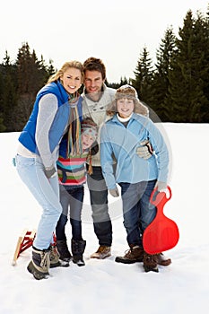 Young Family In Alpine Snow Scene With Sleds
