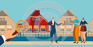 Young family buy house, chacarter couple male, female purchase home, flat vector illustration. Hand holding magnifying