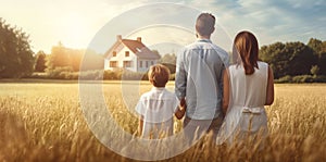 young family with child standing in golden cereal field looking at their new country home, rear view. banner with copy space