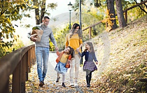 A young family with children walking in park in autumn.