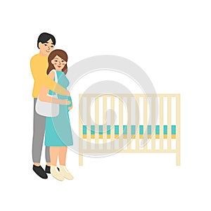 Young family choosing baby crib in kids store. Pregnant shopping flat vector illustration