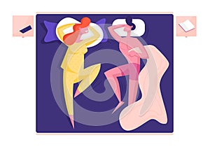 Young Family Couple Male and Female Character Sleeping on Comfy Bed. Naked Man Hugging Blanket