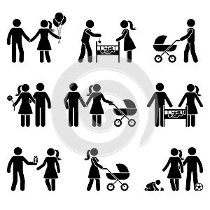 Young family dating, playing with baby, walking with stroller stick figure vector icon illustration, child, kid silhouette posture