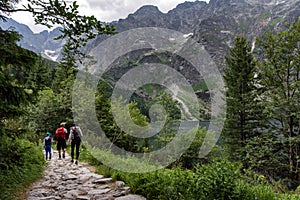 Young family exploring road in the mountain.