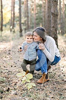 Young family, happy woman mom having fun in autumn pine forest with her child little son. Mother hugging her kid son