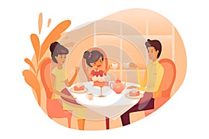 Young family having dinner flat illustration isolated on white background