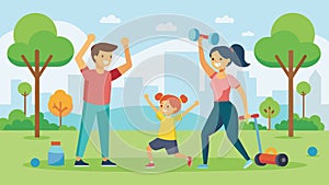 A young family joyfully taking part in a bootcamp workout led by a mobile gym trainer at a local park.. Vector