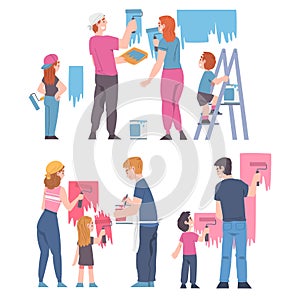 Young Family with Kid Holding Paint Roller Making Repair and Home Renovation Vector Set