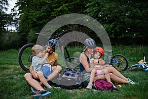 Young family with little children resting after bike ride, sitting on grass in park in summer.