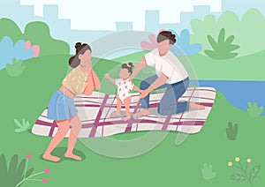 Young family picnic flat color vector illustration