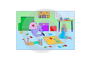 Young family play board game on floor, character people spend fun time isolated on white, line flat vector illustration