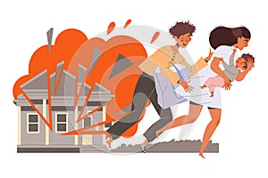 Young Family Refugee Leaving Homeland Fleeing from War Conflict Seeking Asylum Vector Illustration