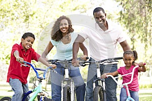 Joven familia sobre el caballo bicicletas en el parque 