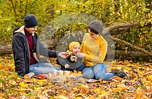 A young family with small boy having picnic in autumn nature