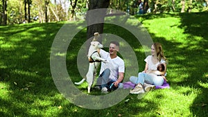 Young family spending summer day with baby and pet Jack Russell Terrier
