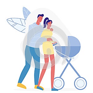 Young Family on Stroll Flat Vector Illustration