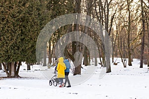 Young family with stroller in yellow and blue clothes in winter sunny day in park. Concept of happy family walking, love,