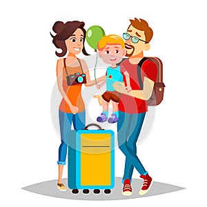 Young Family Traveling With A Small Child Vector. Isolated Illustration