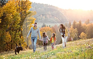 A young family with two small children and a dog on a walk in autumn nature.