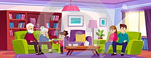 Young family visiting grandparents at home on holiday. Vector illustration