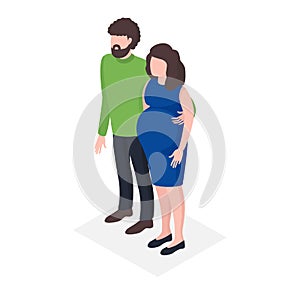 Young family waiting birth child, standing pregnant female and father character, paediatrics isometric 3d vector