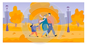 Young family walk national outdoor park, cheerful mother father and daughter stroll autumn garden flat vector