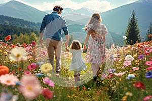 A young family is walking through a forest meadow with flowers in the mountains in spring. Back view.