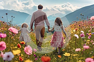 A young family is walking through a forest meadow with flowers in the mountains in spring. Back view.