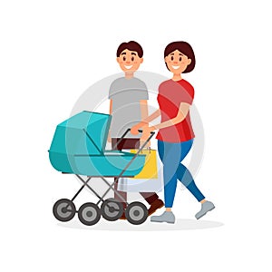 Young family walking after shopping. Mother pushing carriage with baby, father carrying packages. Happy parents. Cartoon