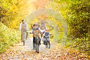 Young family in warm clothes cycling in autumn park