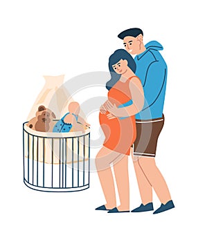 Young family. Young parents expecting childbirth. Isolated cartoon hugging couple and toddler in cradle. Pregnant woman