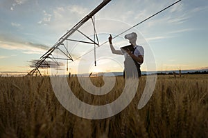 Young farmer or agronomist standing in wheat field beneath irrigation system and using 3-D glasses