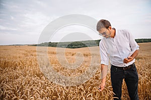 young farmer engineer standing on wheat field.