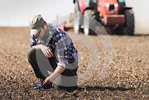 Young farmer examing  planted wheat