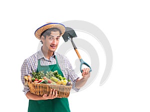 Young farmer with fresh produce isolated on white background