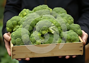 Young farmer with freshly picked Broccoli in basket. Hand holding wooden box with vegetables in field. Fresh Organic Vegetables.