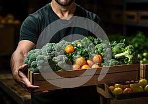 Young farmer with freshly picked Broccoli in basket. Hand holding wooden box with vegetables in field. Fresh Organic Vegetables.