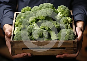 Young farmer with freshly picked Broccoli in basket. Hand holding wooden box with vegetables in field. Fresh Organic Vegetables.