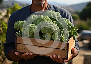 Young farmer with freshly picked Broccoli in basket. Hand holding wooden box with vegetables in field. Fresh Organic Vegetables.