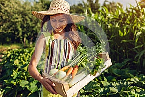 Young farmer holding wooden box with fresh vegetables. Woman gathered summer carrots lettuce squashes crop. Gardening