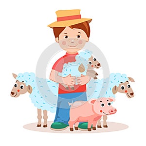 Young farmer with lamb in the hands and farm animals - pig, sheep.