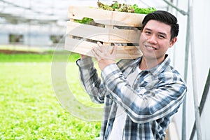 Young farmer man holding basket of vegetables in hydroponic farm with smile.